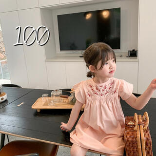 花刺繍 ピンク 桃色 ワンピース 韓国子供服 キッズ ガール 女の子 100(ワンピース)