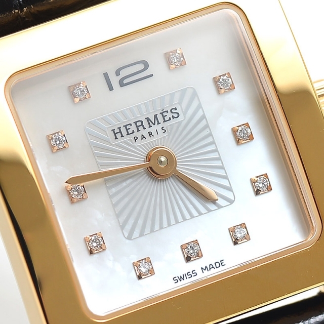 Hermes(エルメス)のエルメス Hウォッチ レディース シェル文字盤 サンビーム SS/クロコ/11P レディースのファッション小物(腕時計)の商品写真