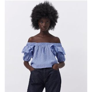 ザラ(ZARA)のZARA　フリル　トップス　Mサイズ　ブルー(シャツ/ブラウス(半袖/袖なし))