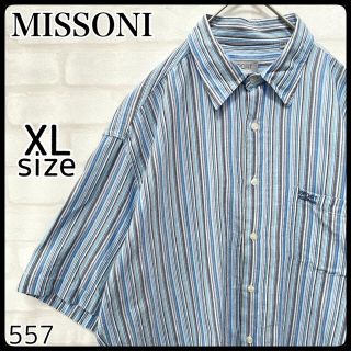 ミッソーニ(MISSONI)の【美品】ミッソーニ 半袖 マルチカラー ストライプ シャツ XL 刺繍 青 夏(シャツ)