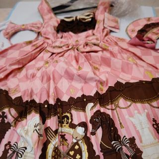 アンジェリックプリティー(Angelic Pretty)のアンジェリックプリティ初版新品タグ付きチェスチョコジャンスカハーフボンネ3点(ひざ丈ワンピース)