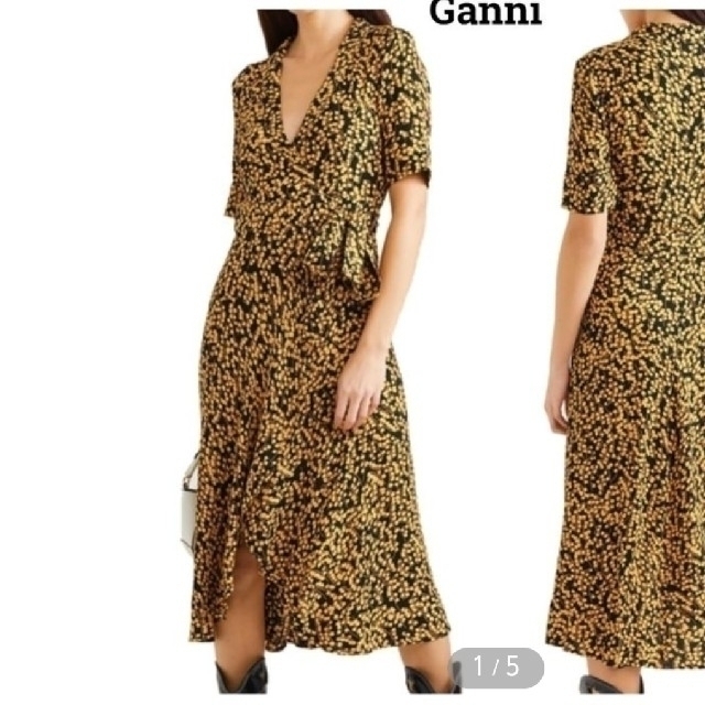 【Ganni】ゴールドストーン花柄プリントクレープラップドレス