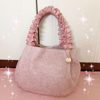 ☆フリルハンドル☆ペーパーカゴバッグ☆ピンク新品(かごバッグ/ストローバッグ)