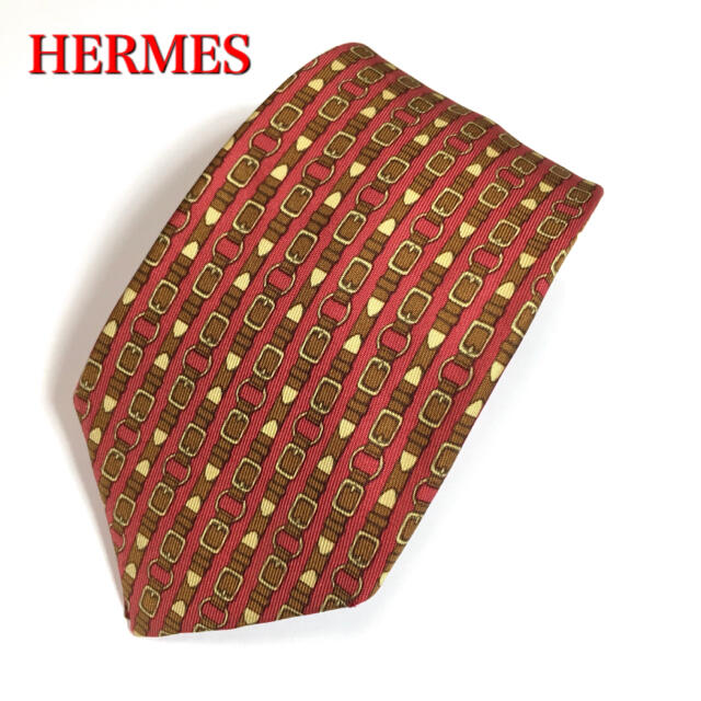 美品★エルメス HERMES ネクタイ フランス製 ベルト柄 赤 シルク/N19 ネクタイ