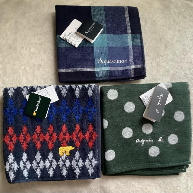 Golden Bear(ゴールデンベア)のタオルハンカチ3枚　agnès b、Golden Bear、aquascutum メンズのファッション小物(ハンカチ/ポケットチーフ)の商品写真