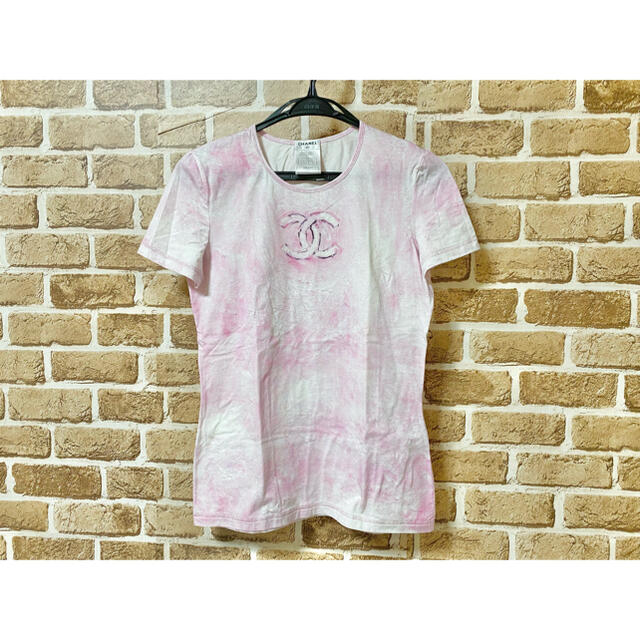 CHANEL シャネル ピンク ココマーク マーブル柄 染め柄Tシャツ M L