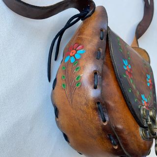 70s ビンテージ 花柄 レザー ショルダー バッグ ヒッピー 古着