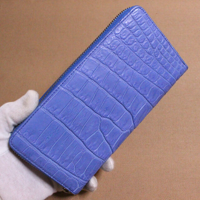 ファッション小物クロコダイル　本革　ラウンド型　長財布　財布　ブルー