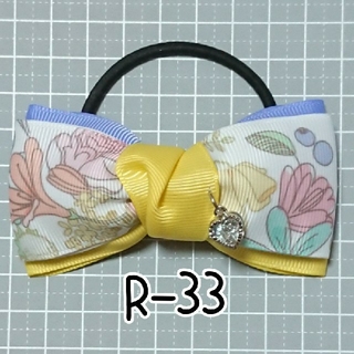 R-33 手書き風花柄リボンヘアゴム ハートチャーム シルバー パープルブルー(ヘアアクセサリー)