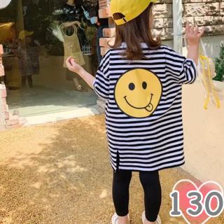 【130】ワンピース　Tシャツ　ニコちゃん　スリット　ボーダー 女の子 子供服(ワンピース)