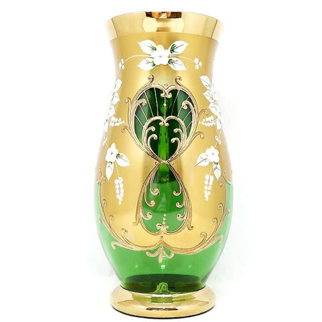 インテリア/住まい/日用品未使用 BOHEMIA GLASS ボヘミアガラス 金彩 緑 花瓶 箱付
