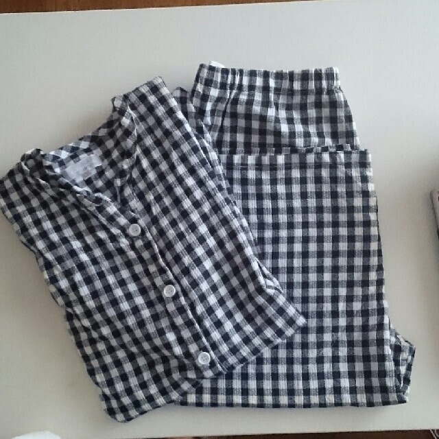 ネイビー濃紺ギンガムチェックパジャマサイズ調節可Lサイズ半袖 レディースのルームウェア/パジャマ(パジャマ)の商品写真