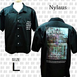 ナイラス(Nylaus)の新品　Ｌ　ブラック　バックプリント 半袖 オープンカラーシャツ　Nylaus(シャツ)