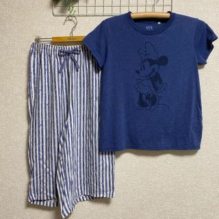 ユニクロ(UNIQLO)のミニー Tシャツ リラコ(ストライプ) セット(ルームウェア)