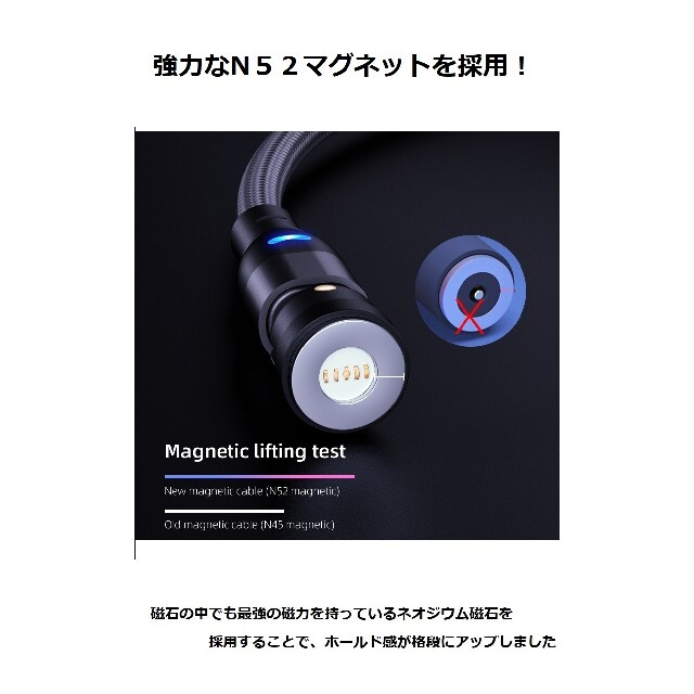 【3A端子１つ付き】マグネット式 USB 充電ケーブル データ通信USBケーブル スマホ/家電/カメラのスマホアクセサリー(その他)の商品写真