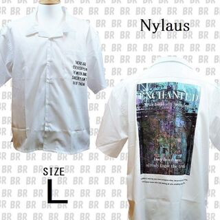 ナイラス(Nylaus)の新品　Ｌ　ホワイト　バックプリント 半袖 オープンカラーシャツ　Nylaus(シャツ)