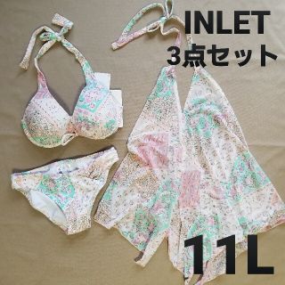 レディース水着 3点セット ビキニ パレオ付き 体型カバー 花柄 フラワー L(水着)