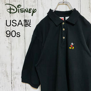 ディズニー(Disney)のUSA製 90s ディズニー⭐︎ミッキー ポロシャツ 半袖 刺繍ロゴ 黒(ポロシャツ)