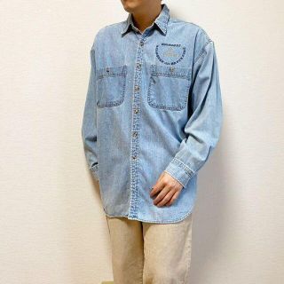 カーハート(carhartt)のデニムシャツ 無地 刺繍 BD ロゴ ブルー L 動物 古着 ゆるだぼ(シャツ)