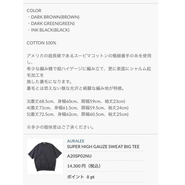 1LDK SELECT(ワンエルディーケーセレクト)のオーラリー　Big Tee メンズのトップス(Tシャツ/カットソー(半袖/袖なし))の商品写真