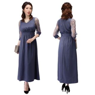 ★DressLine Vネック レーススリーブ マキシ丈 ロングワンピース★(ロングドレス)