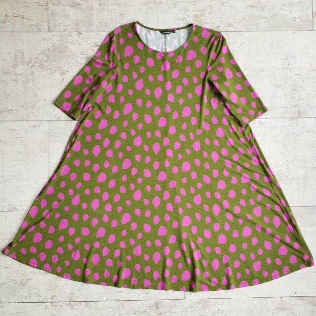 marimekko(マリメッコ)のマリメッコ ☆ 総柄 isidio ワンピース XS 5分袖 カーキ ピンク レディースのワンピース(ひざ丈ワンピース)の商品写真