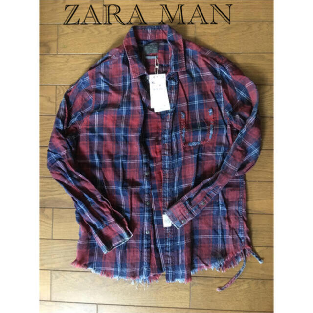 タグ付き新品未使用 ZARA ダメージ加工 デニム風 チェック柄シャツ  メンズのトップス(シャツ)の商品写真