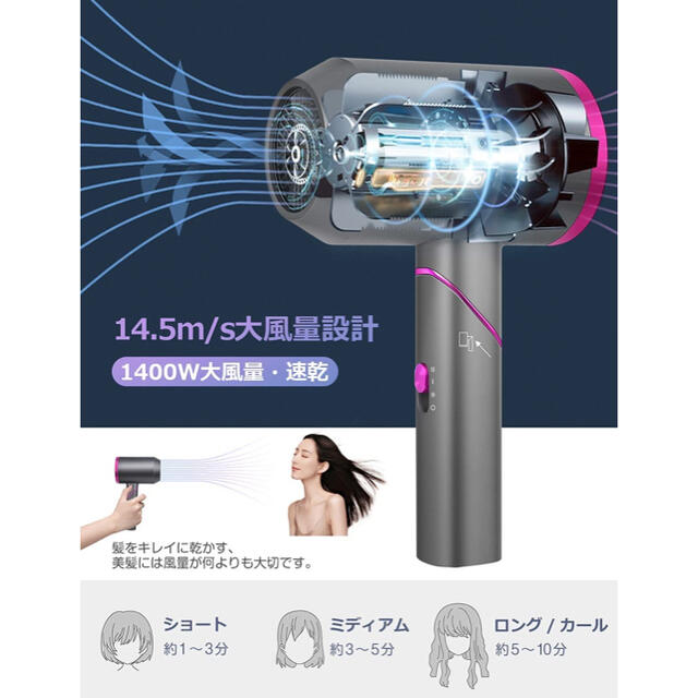 高浸透マイナスイオン ヘアドライヤー 1400W 大風量 速乾 スマホ/家電/カメラの美容/健康(ドライヤー)の商品写真