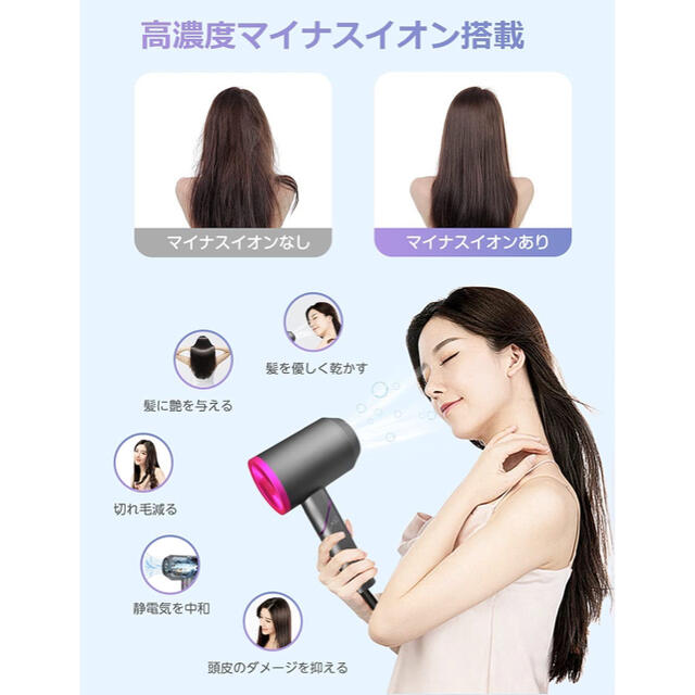 高浸透マイナスイオン ヘアドライヤー 1400W 大風量 速乾 スマホ/家電/カメラの美容/健康(ドライヤー)の商品写真