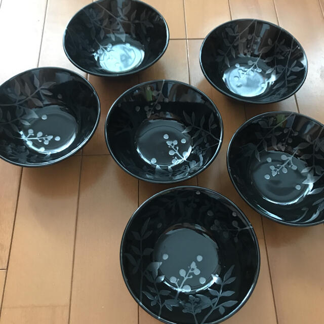 未使用品　南天　フリーボウル　6客　縁起の良い柄　新品　食器　深鉢　　鉢　黒