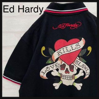 エドハーディー(Ed Hardy)の【美品】エド ハーディー EdHardy ラブキル 半袖 ポロシャツ 黒 M(ポロシャツ)