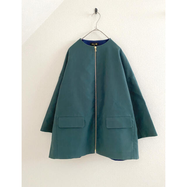 Drawer darkgreen×Blue ノーカラージャケット コート-