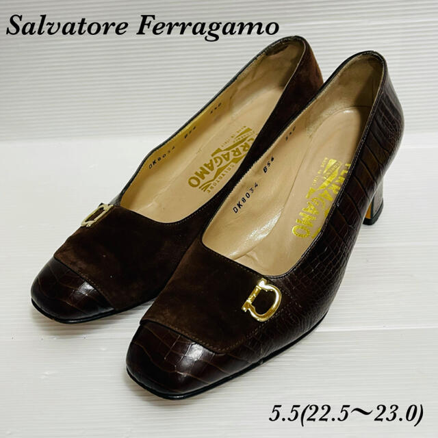 Salvatore Ferragamo(サルヴァトーレフェラガモ)の美品！フェラガモ　パンプス　クロコ型押し　スエード レディースの靴/シューズ(ハイヒール/パンプス)の商品写真