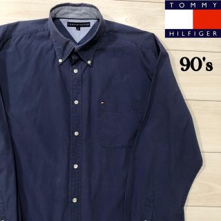 トミーヒルフィガー(TOMMY HILFIGER)の90s tommy hilfiger 無地　長袖　ネイビーシャツ　古着　XL(シャツ)