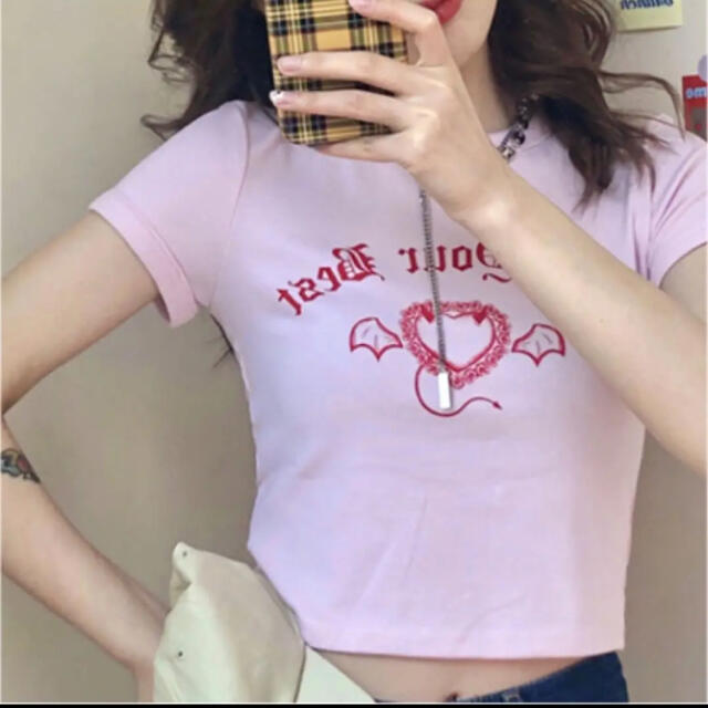 韓国通販サイト ミニ Tシャツ ピンク ロゴ レディースのトップス(Tシャツ(半袖/袖なし))の商品写真