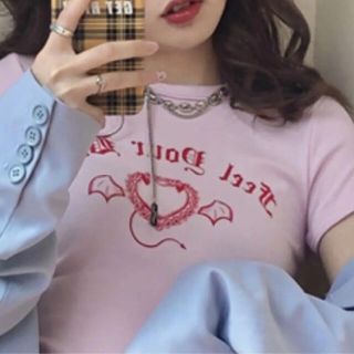 韓国通販サイト ミニ Tシャツ ピンク ロゴ(Tシャツ(半袖/袖なし))