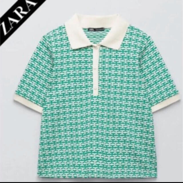 ZARA(ザラ)のレトロジャカードポロシャツ　グリーン レディースのトップス(ポロシャツ)の商品写真