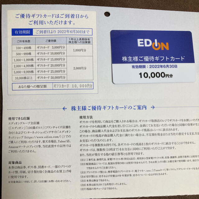 エディオン　株主優待　カード　10000円分