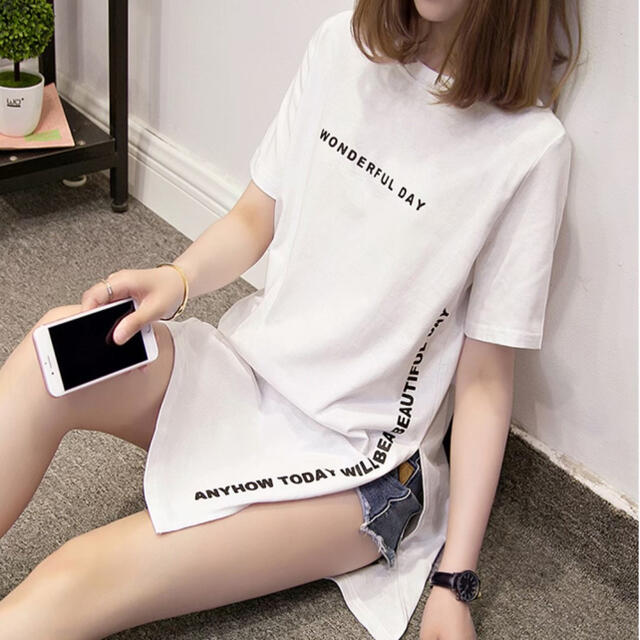 シャツワンピ　ワンピース　tシャツ 韓国　プチプラ　ホワイト レディースのトップス(Tシャツ(半袖/袖なし))の商品写真