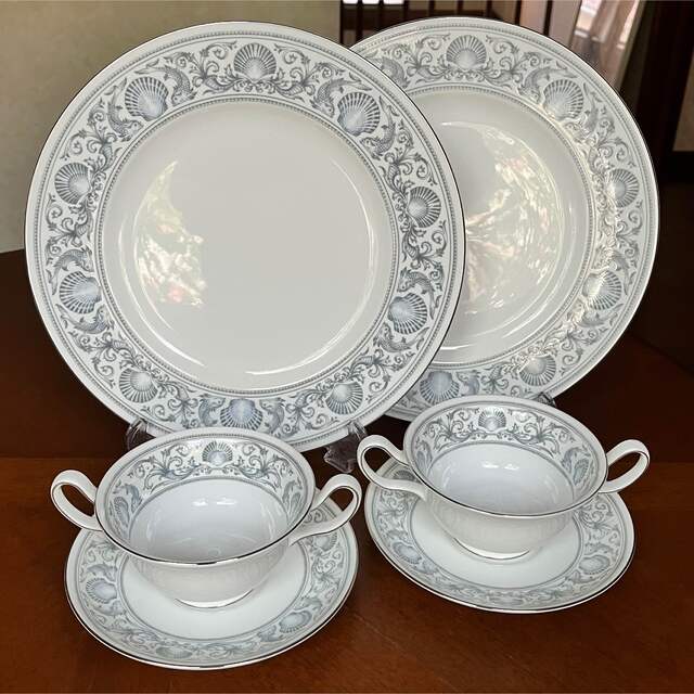 黒壺美品】ウェッジウッド☆ドルフィンホワイト☆スープC/S トリオペア