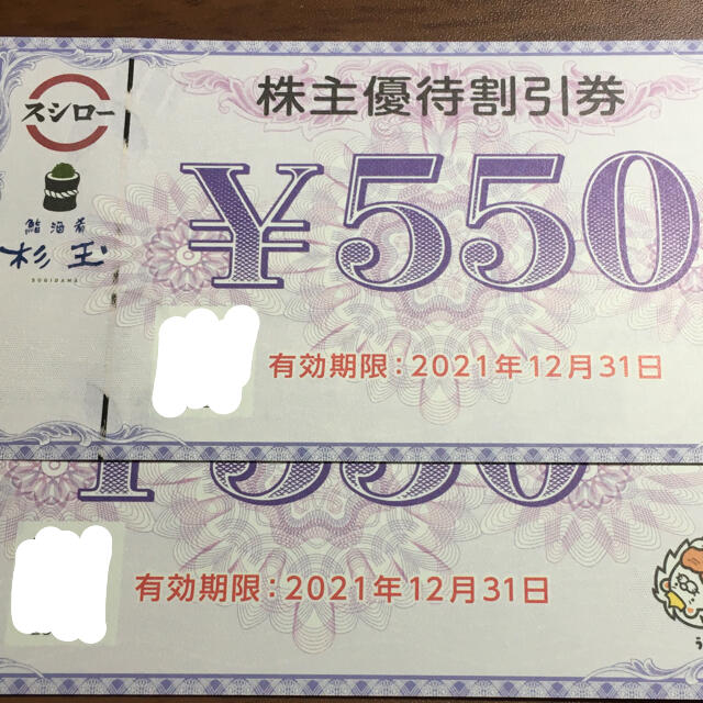 スシロー　優待券　550円✖️2枚 チケットの優待券/割引券(レストラン/食事券)の商品写真