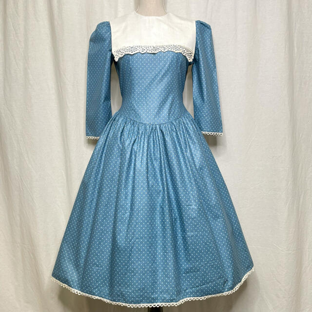 ヴィンテージ　ワンピース　ドレス　ブルー　花柄　襟付き　ボックスカラー