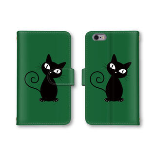 グリーン 黒猫 ネコ スマホカバー スマホケース 手帳型ケース(スマホケース)