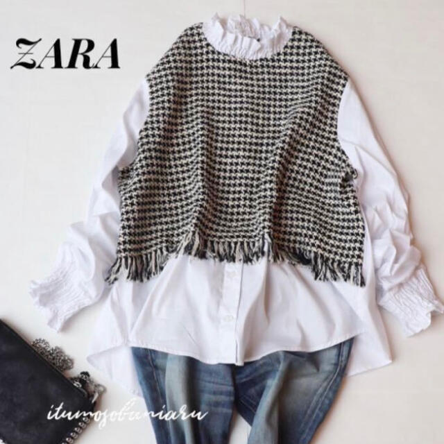 ZARA(ザラ)のZARA 異素材　ニットツイードシャツ　プルオーバー レディースのトップス(シャツ/ブラウス(長袖/七分))の商品写真