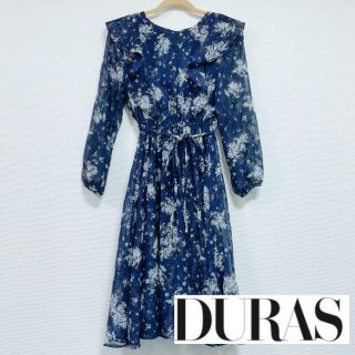 デュラス(DURAS)の新品タグ付　定価14,000円　DURAS 花柄ワンピース ネイビー(ひざ丈ワンピース)