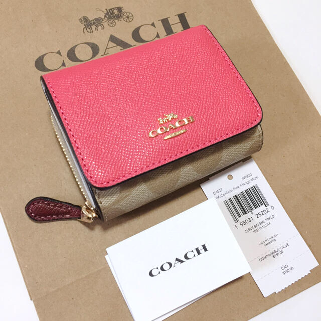 COACH コーチ 新色 コンフィチュールピンク シグネチャー 三つ折り財布