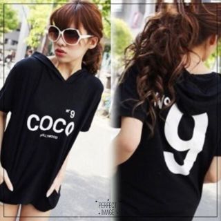 No9 COCOロゴプリントパーカーTシャツ★ブラックオーバーサイズレディース(パーカー)