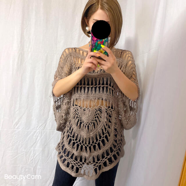 あみあみ透かしニット♡ドルマントップス❤️可愛い✨モカ レディースのトップス(Tシャツ(半袖/袖なし))の商品写真