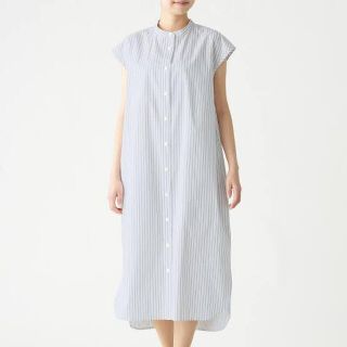 ムジルシリョウヒン(MUJI (無印良品))の綿混ストレッチフレンチスリーブワンピース ダークネイビー×ストライプ (ロングワンピース/マキシワンピース)