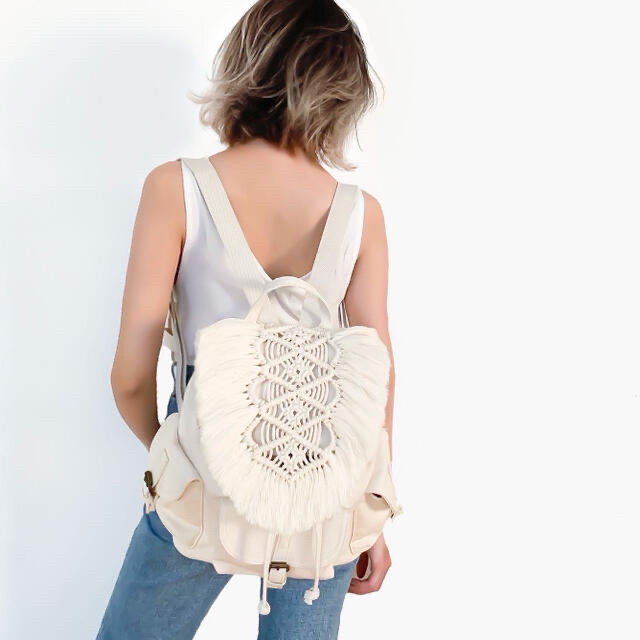 マクラメ編み　リュック  生成り　ホワイト メンズのバッグ(バッグパック/リュック)の商品写真